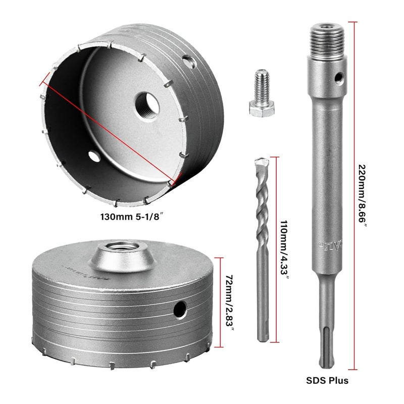 SALI Concrete Hole Saw Kits 5-1/8"（130mm） Tungsten Steel Wall Hole Cutter Drill Bit Sets with 220mm SDS Plus Shank Connecting Rod，110mm Center Positioning Drill Bits for Cinder Block,Brick,Adobe Wall - Image 2